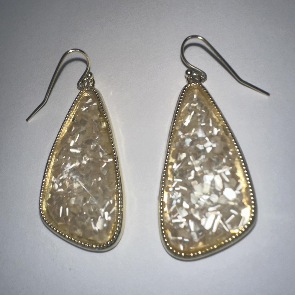 Gold Tone Cream Resin Teardrop Dangle Earrings Womens Statement Hook Boho Chic